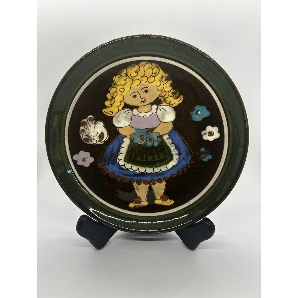 Vintage Hugo Kohler Biel wall hanging plate Swiss folk art Girl With Flowers